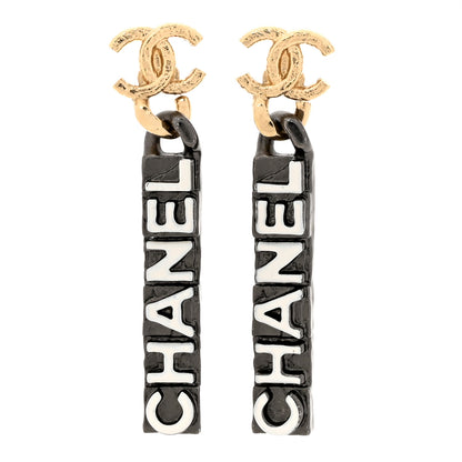 Chanel Metal Enamel CC Logo Drop Earrings Ruthenium Gold 1 of 5