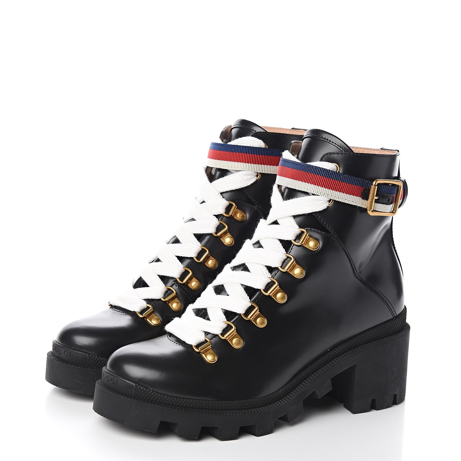 Gucci Calfskin Womens Sylvie Web Lace Up Combat Boots 37.5 Black 3 of 10