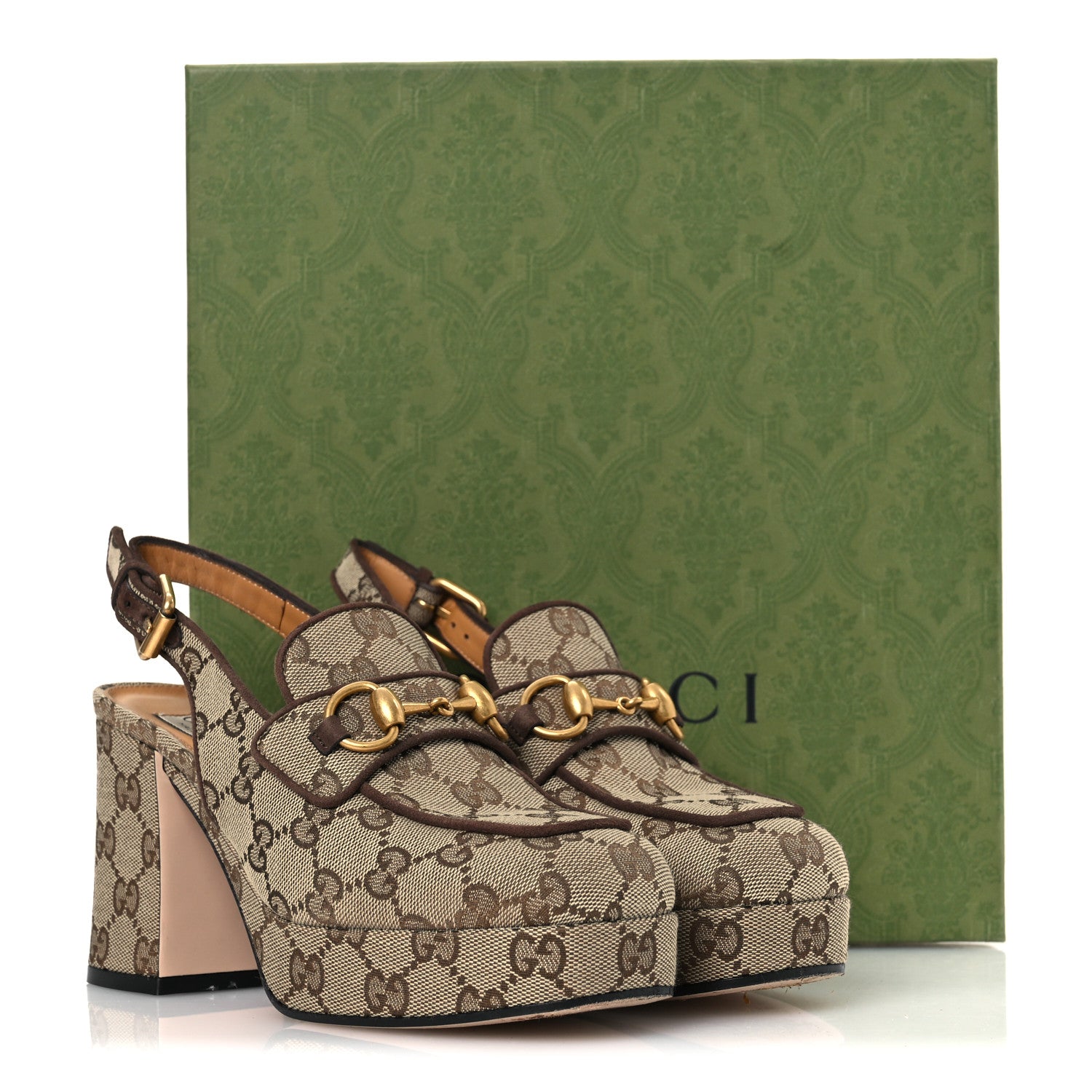 Gucci Monogram Kid Scamosciato Horsebit Platform 25/85mm Slingback Mules 35.5 Beige Ebony New Acero 12 of 12