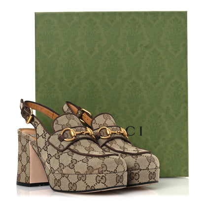 Gucci Monogram Kid Scamosciato Horsebit Platform 25/85mm Slingback Mules 35.5 Beige Ebony New Acero 12 of 12