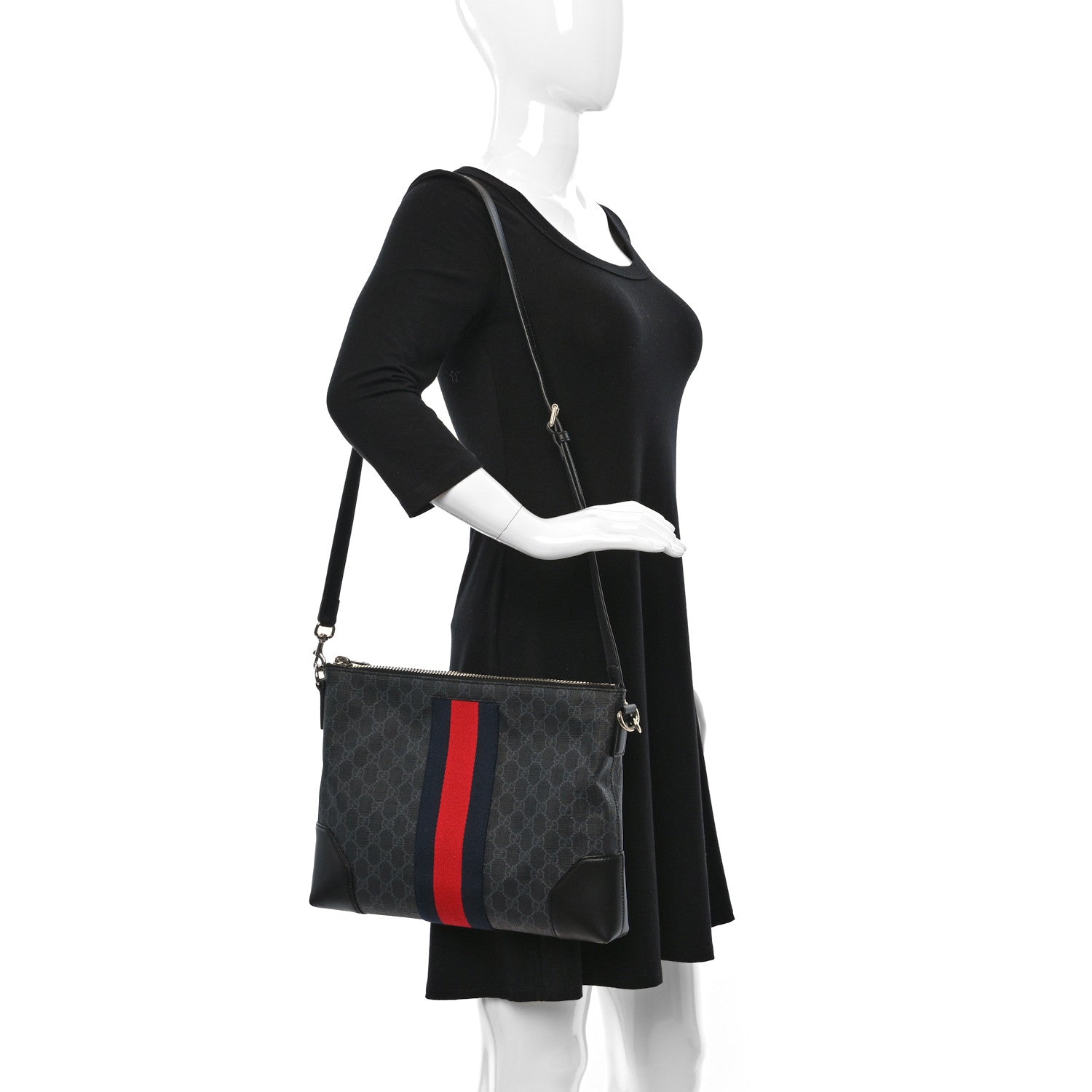 Gucci Soft GG Supreme Monogram Appia Calfskin Web East West Messenger Bag Black Grey 2 of 9
