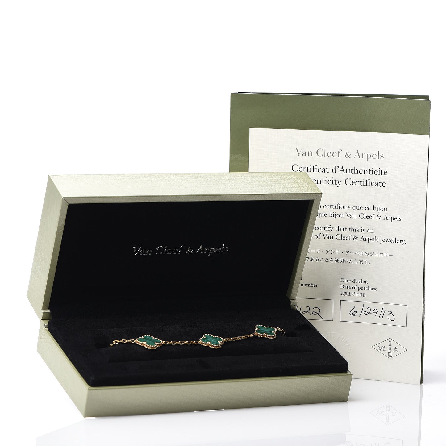 18K Yellow Gold Malachite 5 Motifs Vintage Alhambra Bracelet