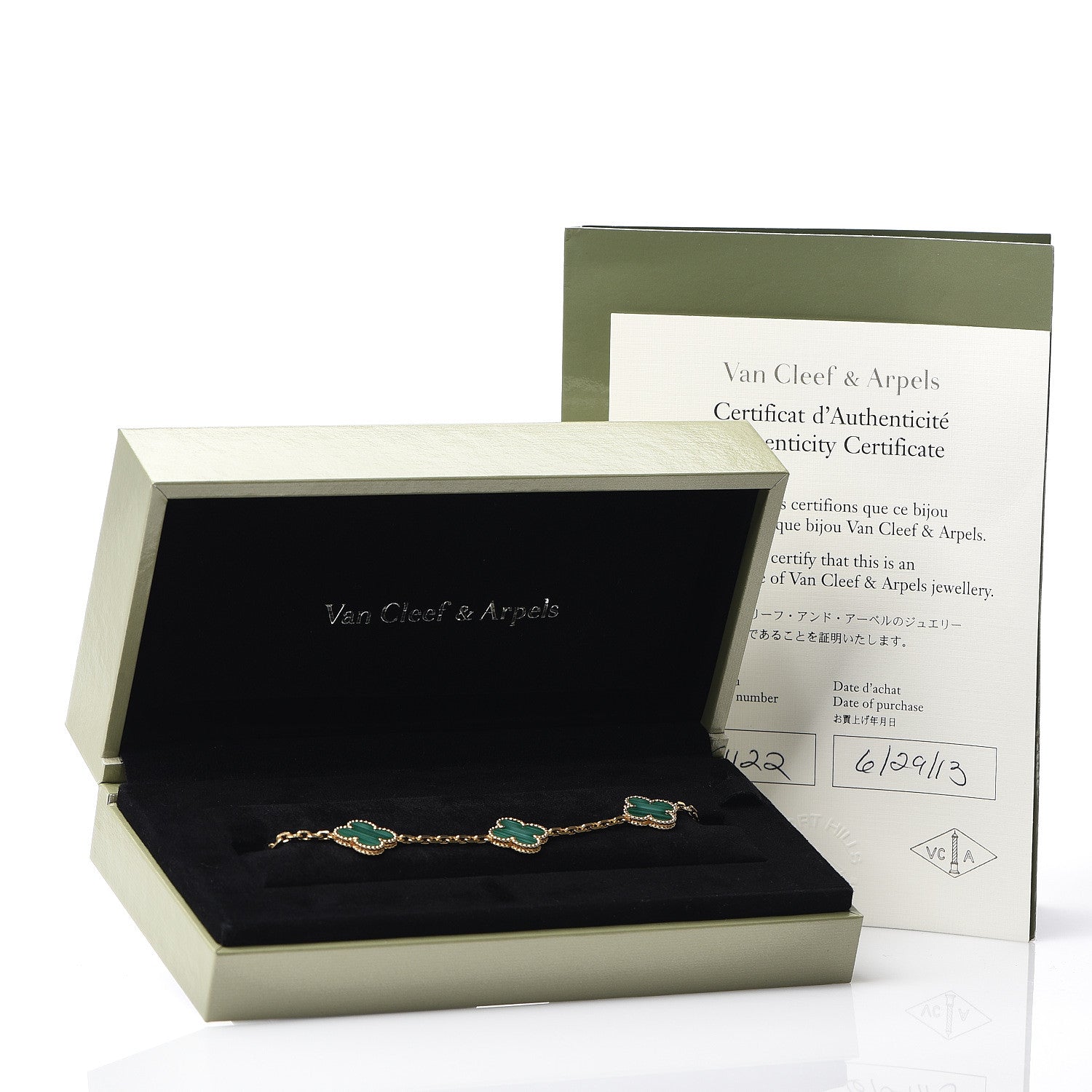 Van Cleef & Arpels 18K Yellow Gold Malachite 5 Motifs Vintage Alhambra Bracelet 4 of 4