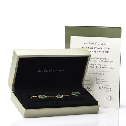 Van Cleef & Arpels 18K Yellow Gold Malachite 5 Motifs Vintage Alhambra Bracelet 4 of 4