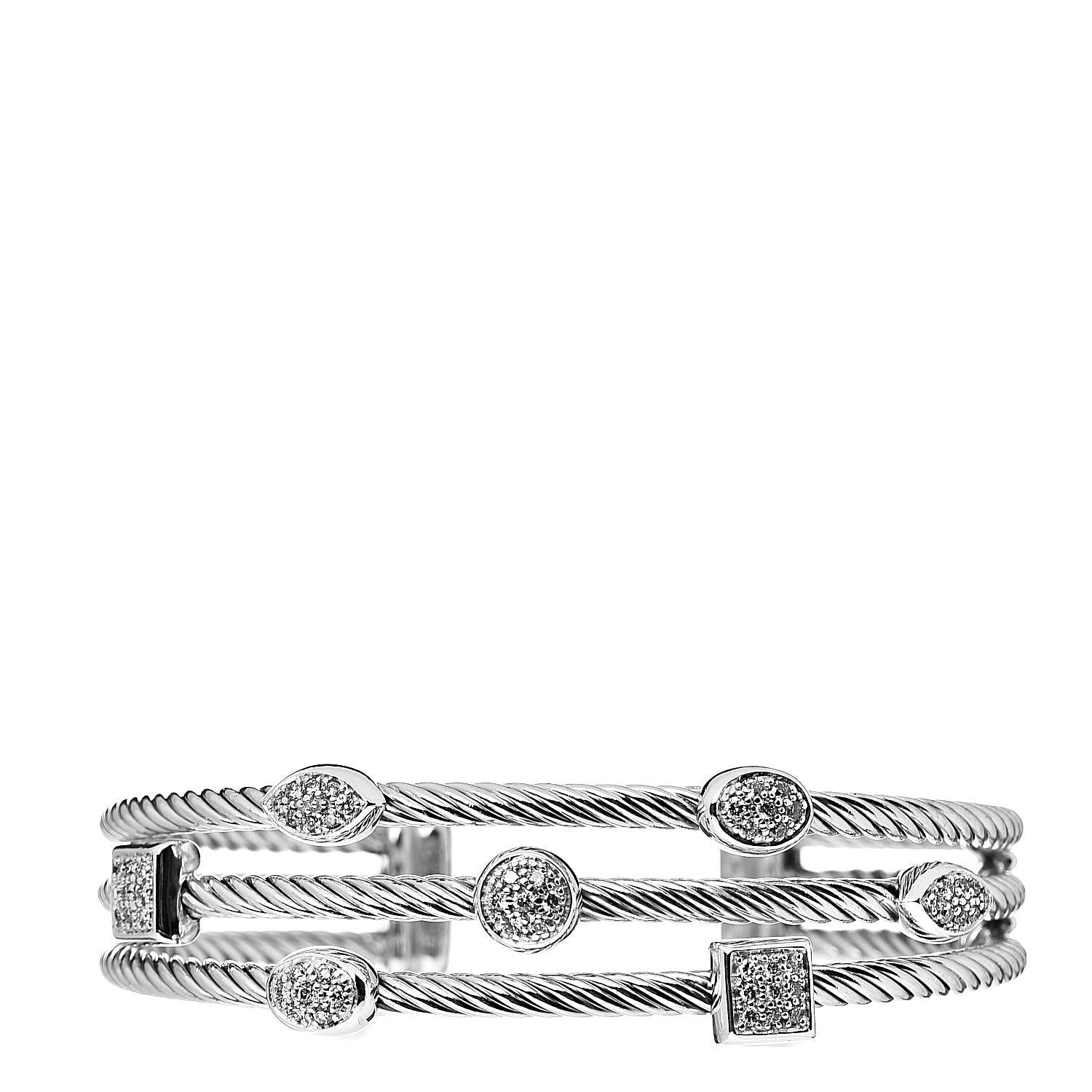 David Yurman Sterling Silver Diamond Three Row Confetti Cuff Bracelet 1 of 4