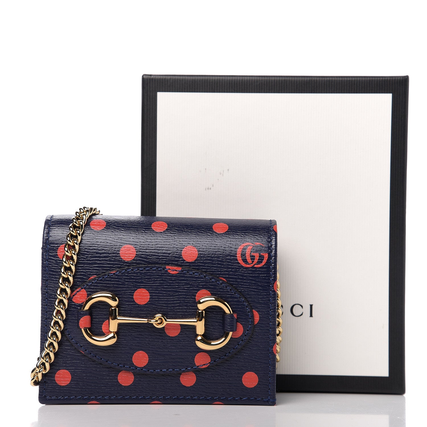 Gucci Shangai Calfskin Polka Dot Horsebit 1955 Chain Card Case Wallet Blue Orange Sailor Blue 8 of 8