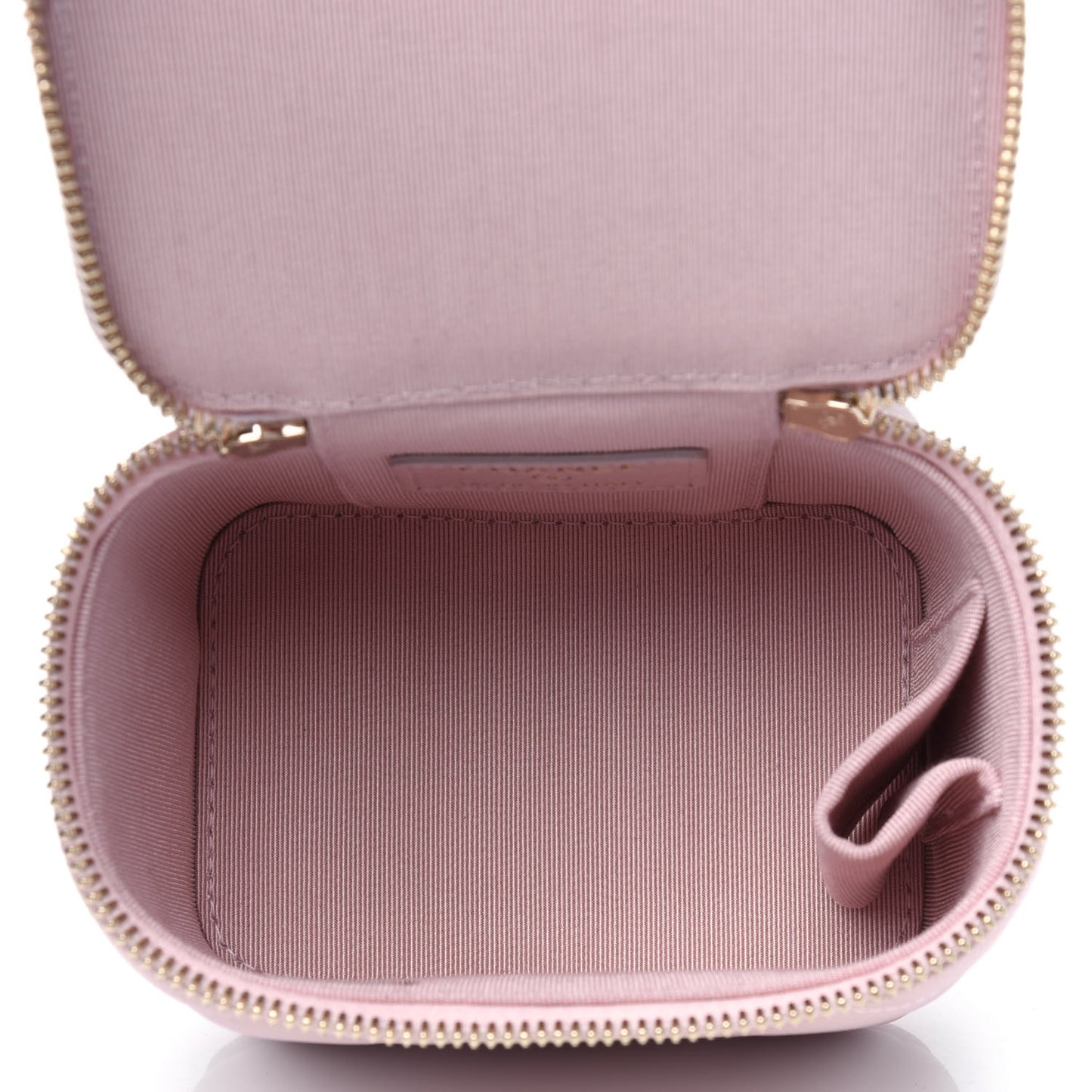 Iridescent Caviar Quilted Mini Pearl On Top Vanity Case With Chain Light Pink
