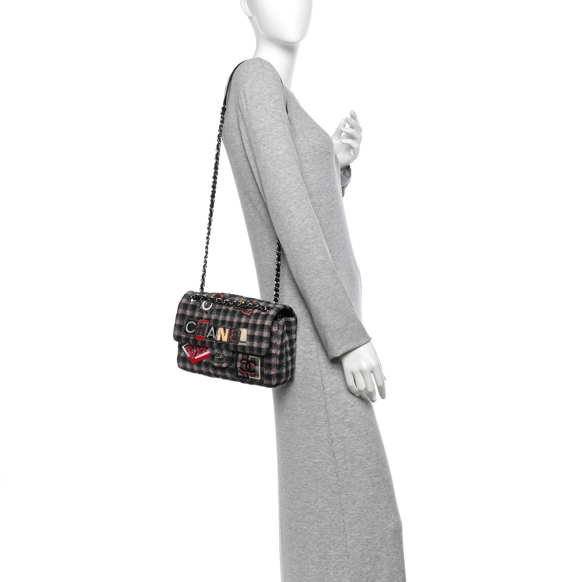 Chanel Wool Patchwork Medium Single Flap Pink Grey 2 of 10