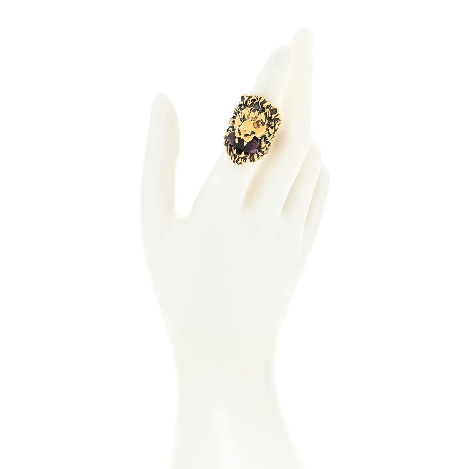 Gucci Metal Crystal Lion Head Ring 5.25 Purple Aged Gold 2 of 7