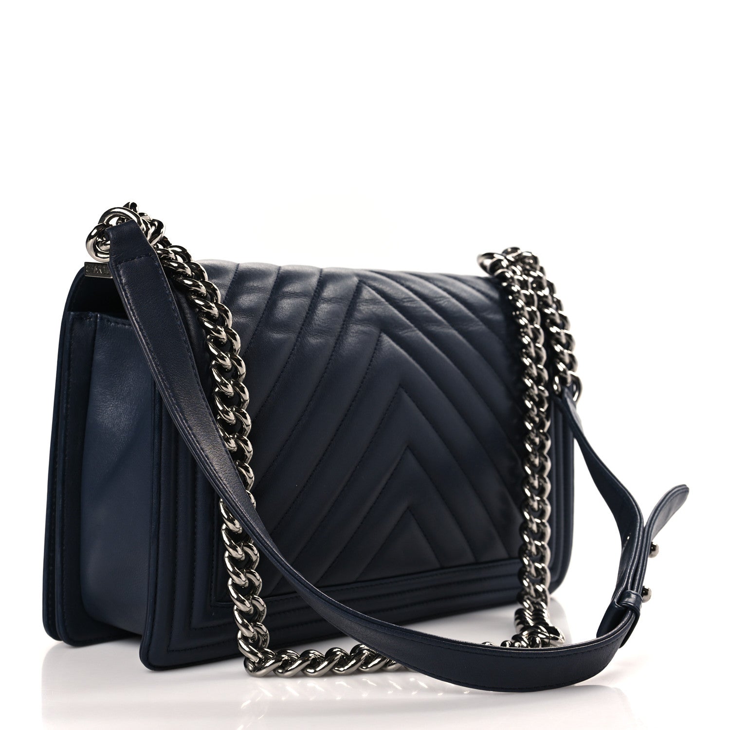 Chanel Calfskin Chevron Quilted New Medium Boy Flap Dark Navy Blue 4 of 10