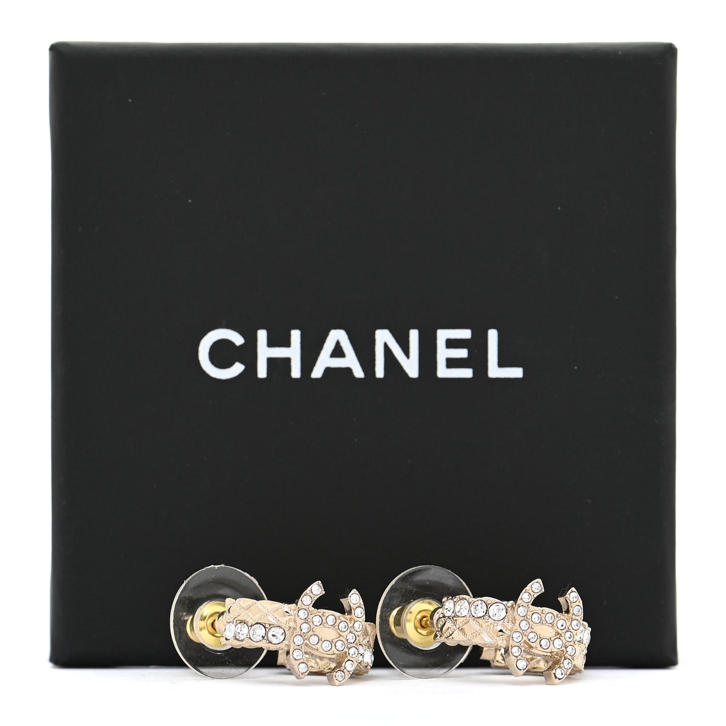 Metal Crystal Quilted CC Hoop Earrings Gold
