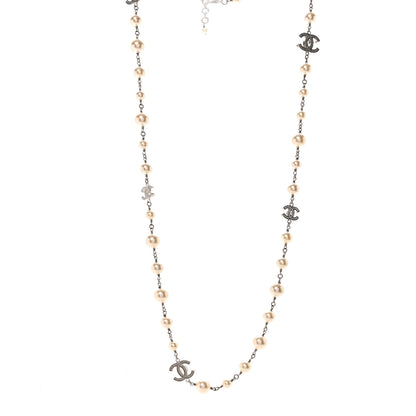 Chanel Crystal Pearl CC Long Necklace Silver 1 of 7