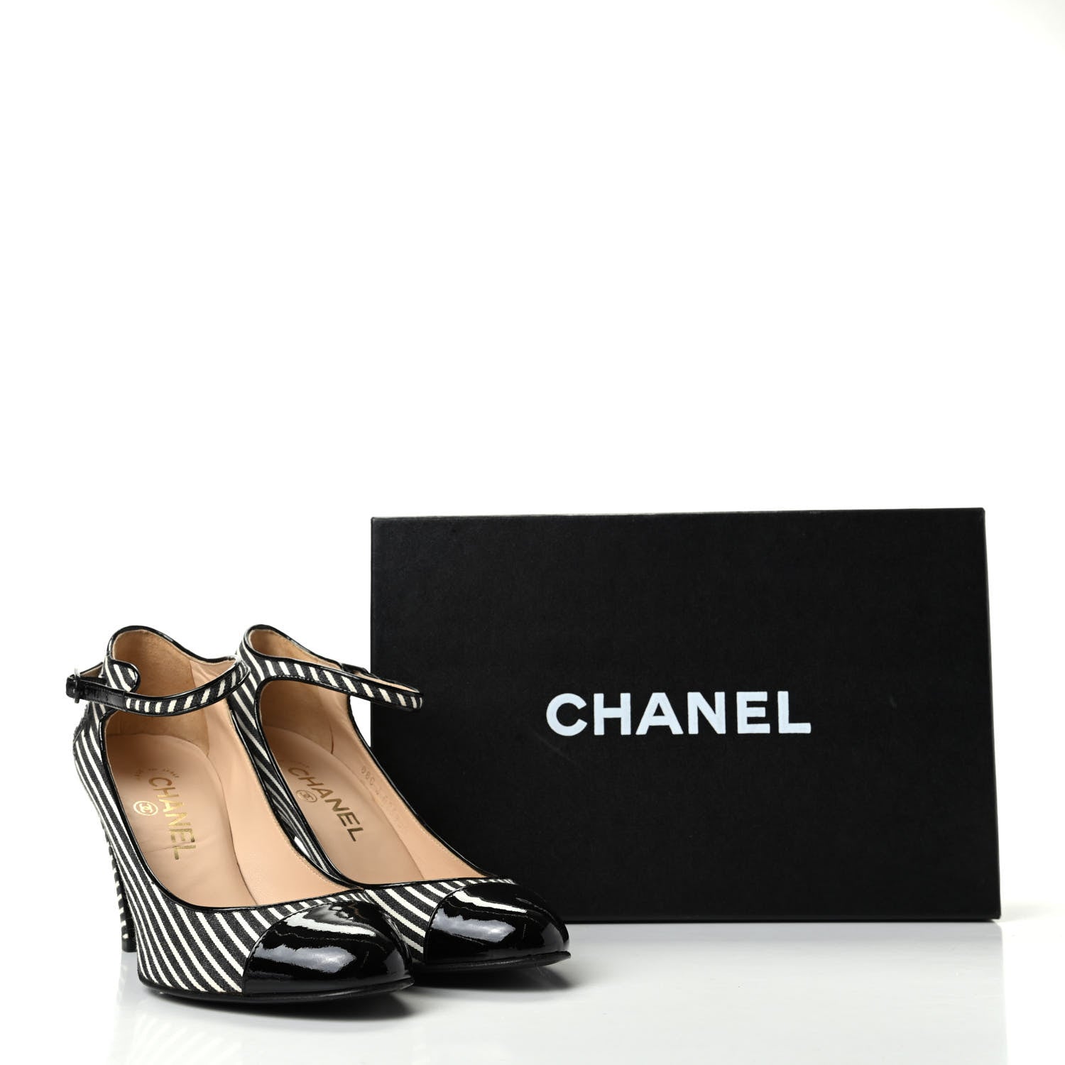 Chanel Fabric Striped Patent Cap Toe Ankle Strap Pumps 37.5 Black White 11 of 11