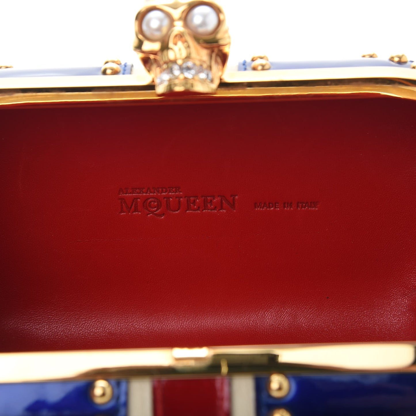 Patent Calfskin Studded Britannia Skull Box Clutch Red Blue