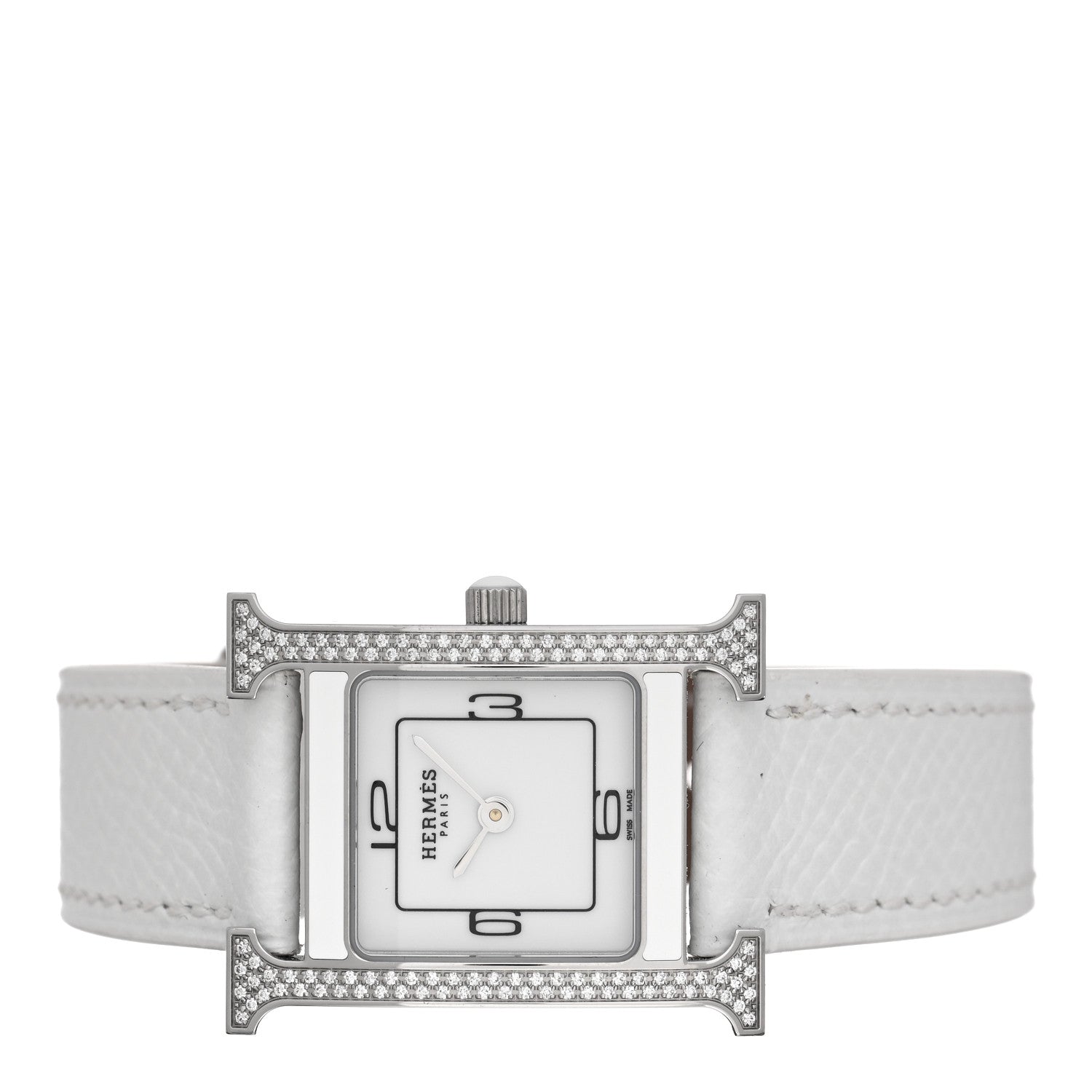Hermes Stainless Steel Epsom Diamond Lacquer 21mm Heure H Hour Double Jeu Quartz Watch Blanc 2 of 5