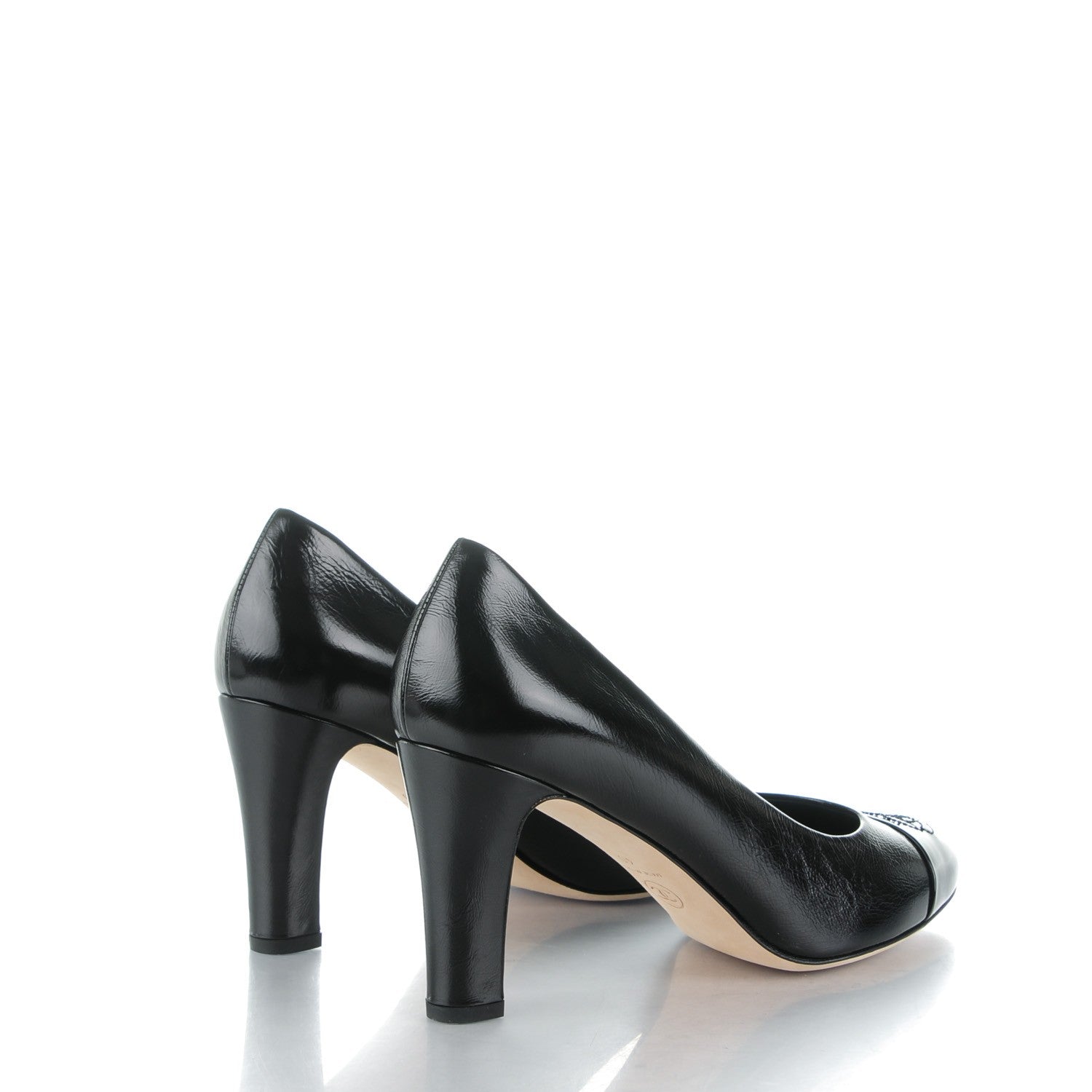 Chanel Crumpled Calfskin Patent Cap Toe CC Pumps 40 Black 4 of 7