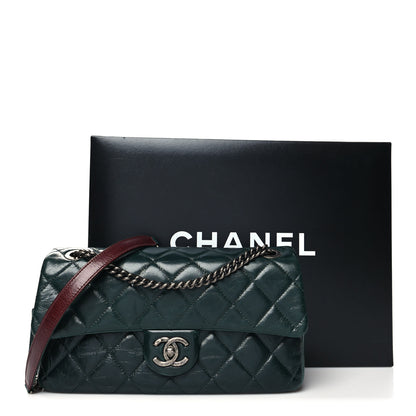 Chanel Glazed Calfskin Quilted Medium Duo Color Flap Dark Green Burgundy 11 of 11