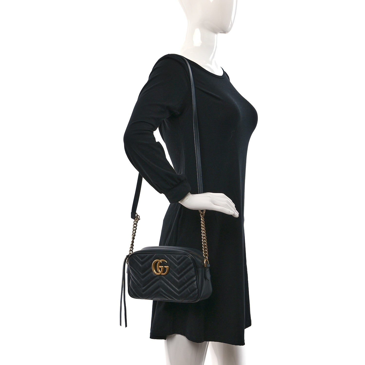 Gucci Calfskin Matelasse Small GG Marmont Chain Shoulder Bag Black 2 of 11