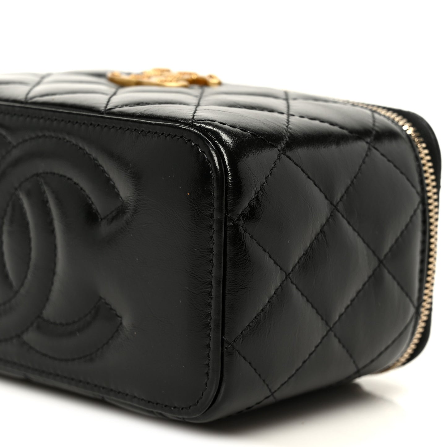 Shiny Lambskin Quilted CC Links Small Vanity Case With Chain Black