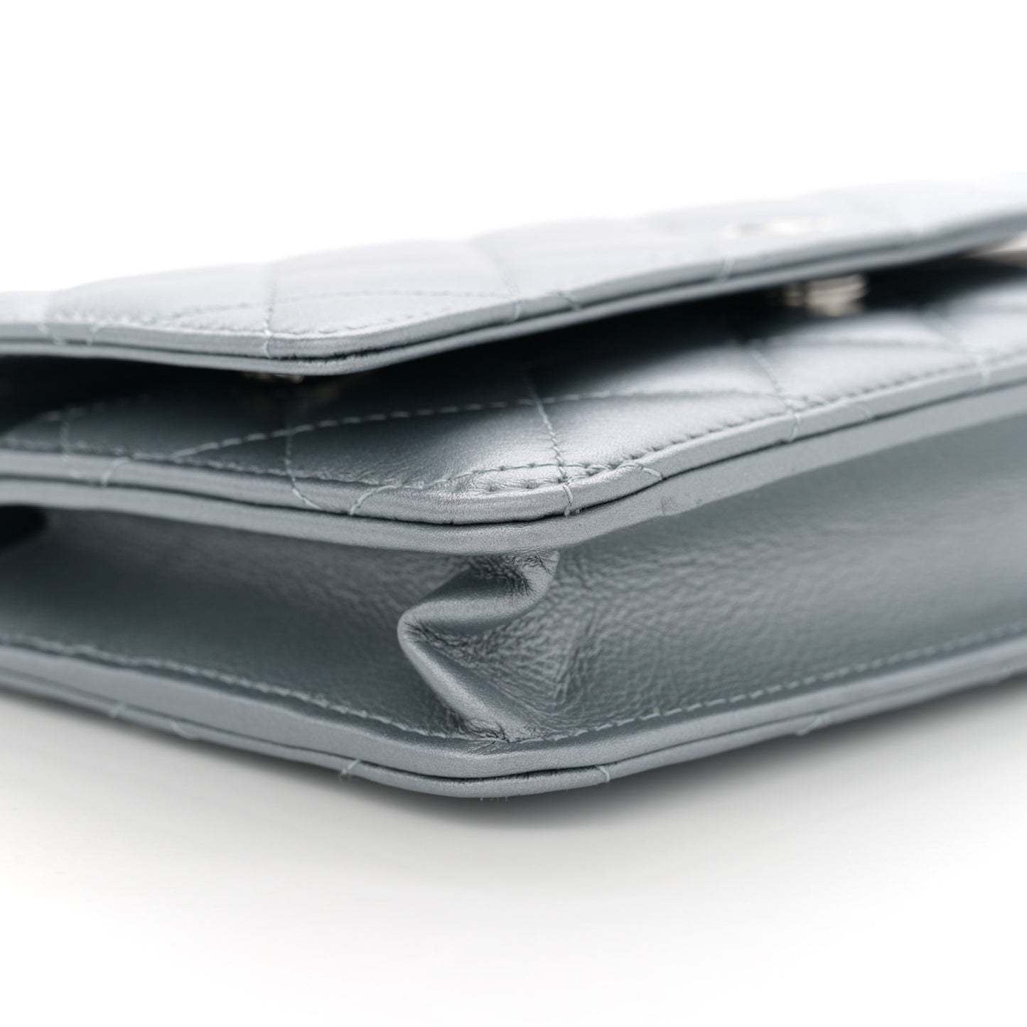 Metallic Lambskin Quilted Wallet On Chain WOC Silver