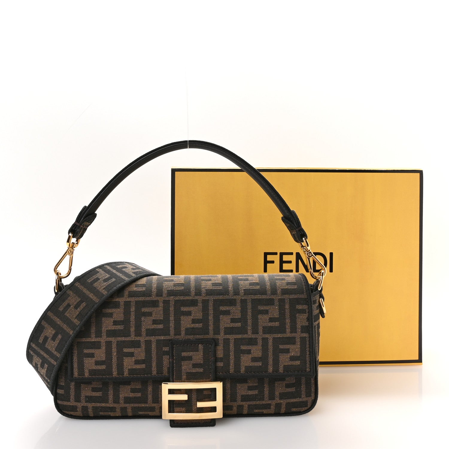 Fendi モノグラム ハンドバッグ Fendi Fabric Jacquard FF 1974 Medium Baguette Tobacco Moro Black