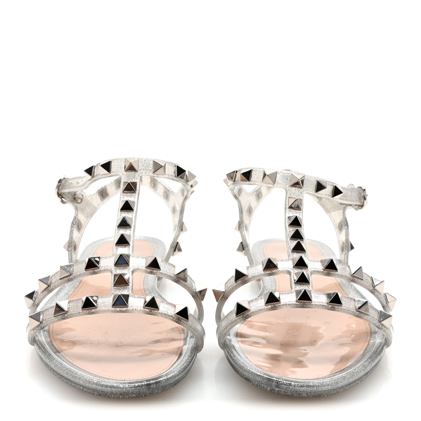 PVC Jelly Glitter Rockstud Caged Flat Thong Sandals 36 Silver