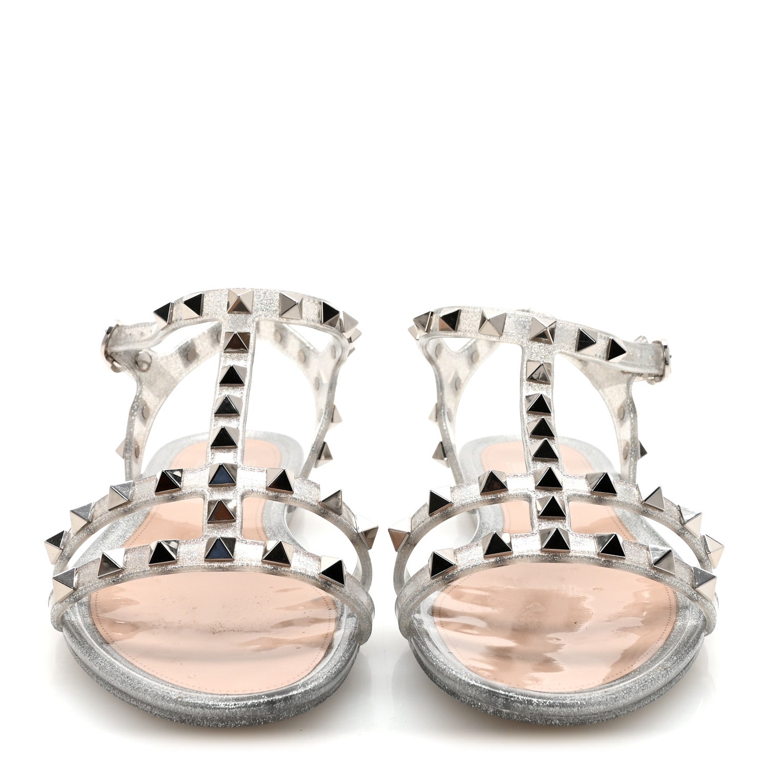 Valentino Garavani PVC Jelly Glitter Rockstud Caged Flat Thong Sandals 36 Silver 3 of 9