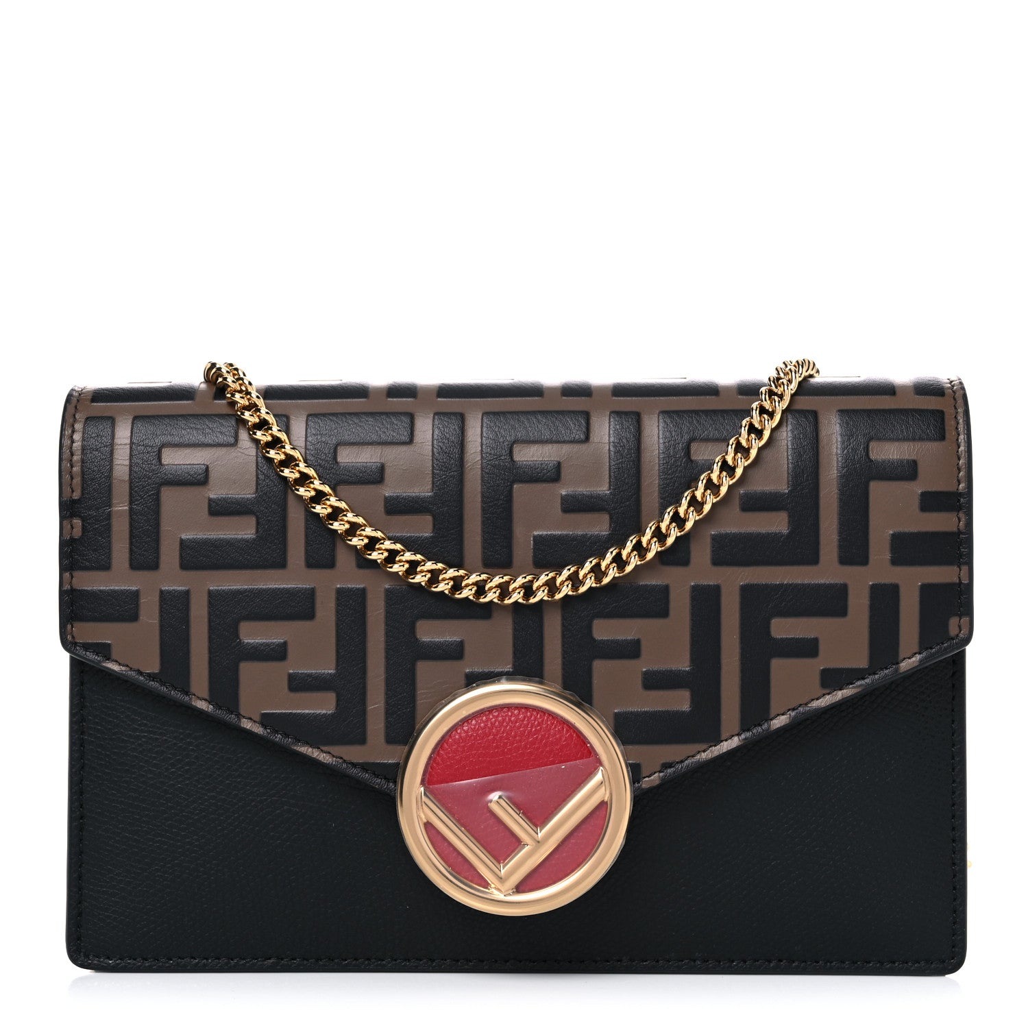 Fendi Vitello Cruise F is Fendi Bi-Color FF 1974 Embossed Medium Envelope Wallet On Chain Black Maya 1 of 13