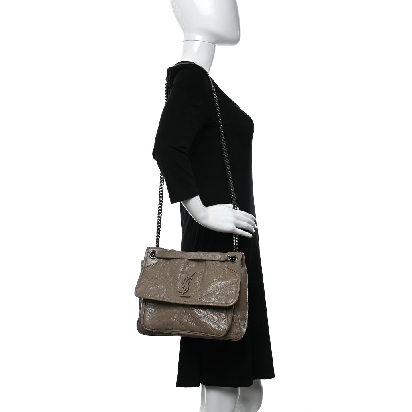 Crinkled Calfskin Matelasse Monogram Medium Niki Chain Satchel Light Natural