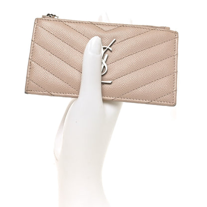 Saint Laurent Grain De Poudre Matelasse Chevron Monogram Fragments Zippered Card Case Marble Pink 2 of 9