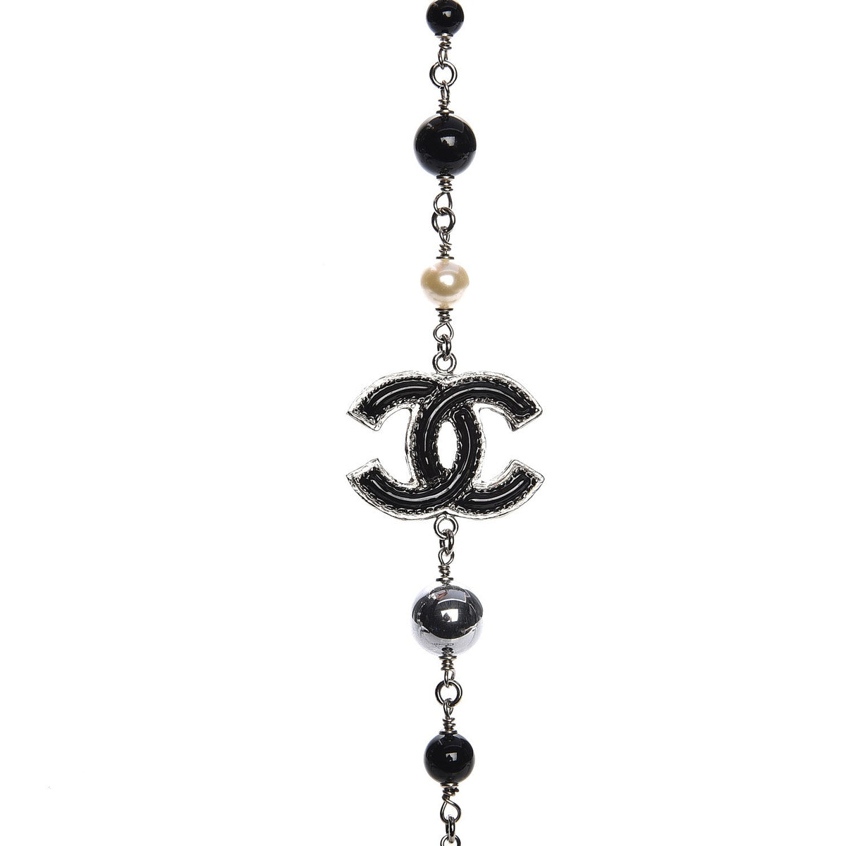 Chanel Pearl Bead Enamel CC Long Necklace Black Silver 4 of 5