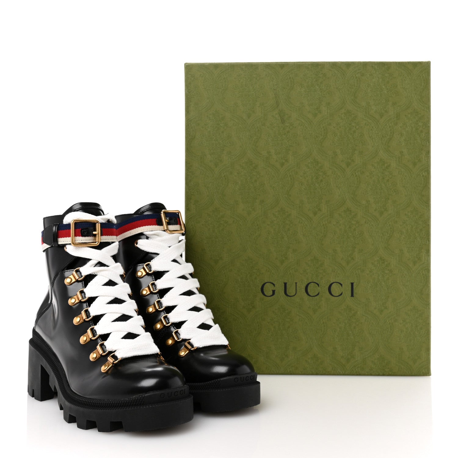 Gucci Calfskin Sylvie Web Womens Lace Up Combat Boots 35 Black 10 of 10