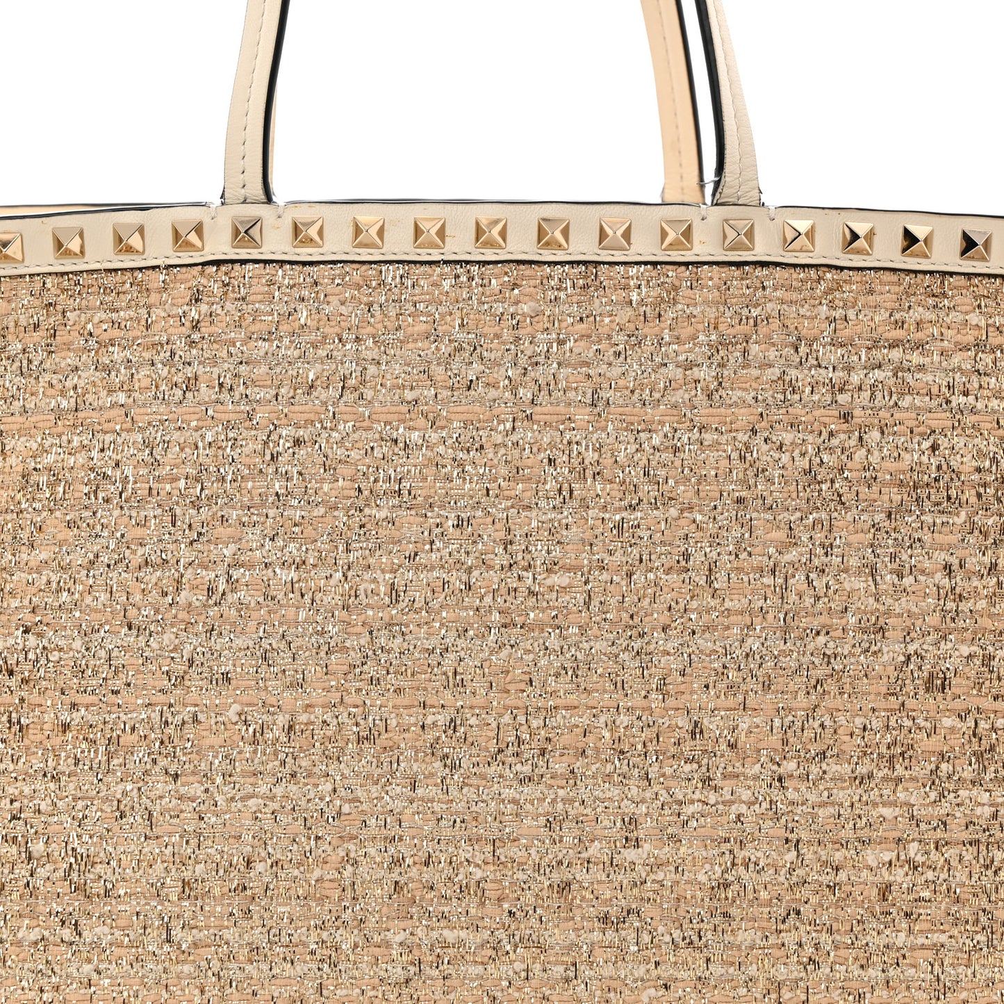 Metallic Boucle Raffia Calfskin Rockstud Shoulder Tote White Gold Ivory