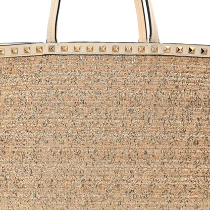 Valentino Garavani Metallic Boucle Raffia Calfskin Rockstud Shoulder Tote White Gold Ivory 7 of 15