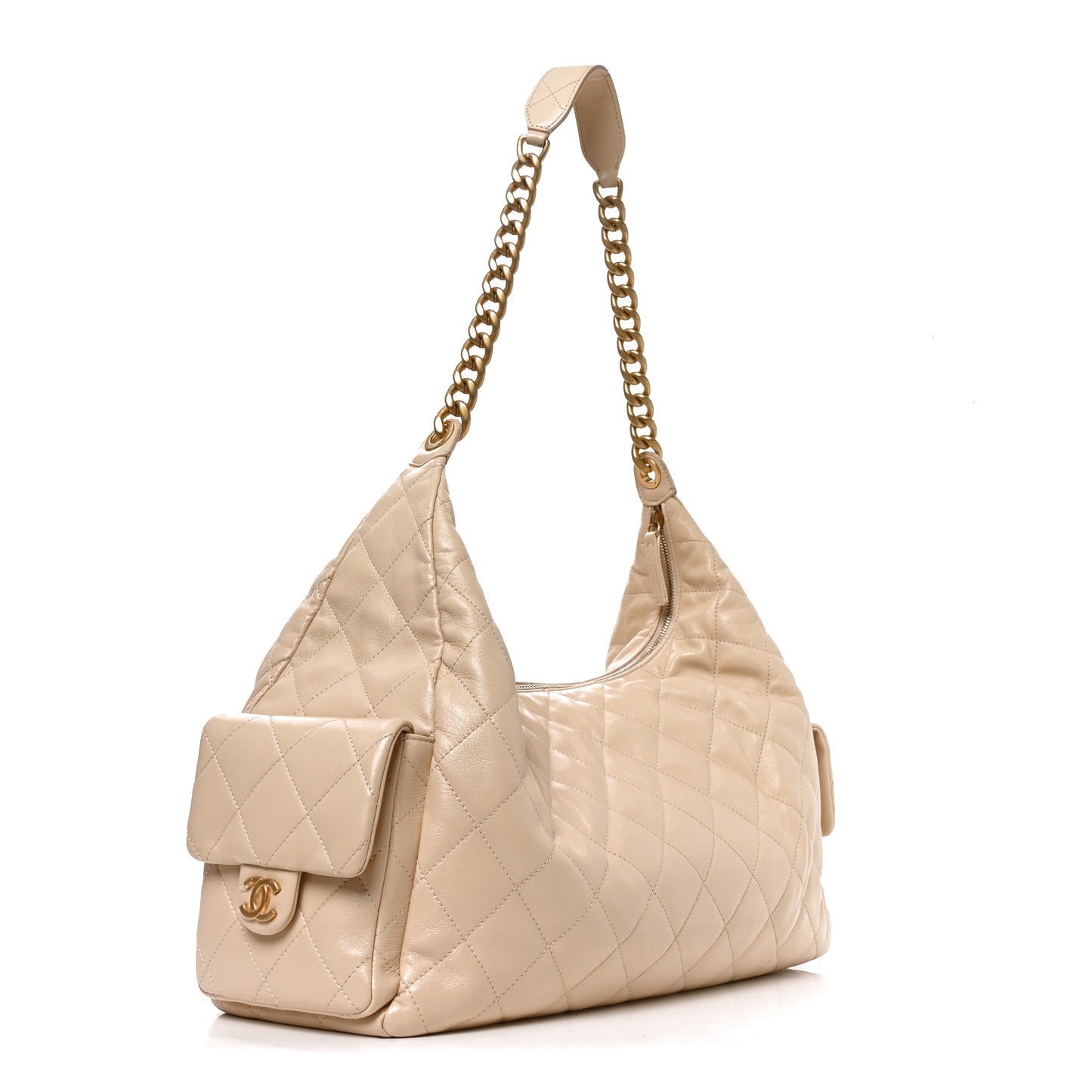 Shiny Lambskin Quilted Maxi Trendy Pockets Hobo Beige