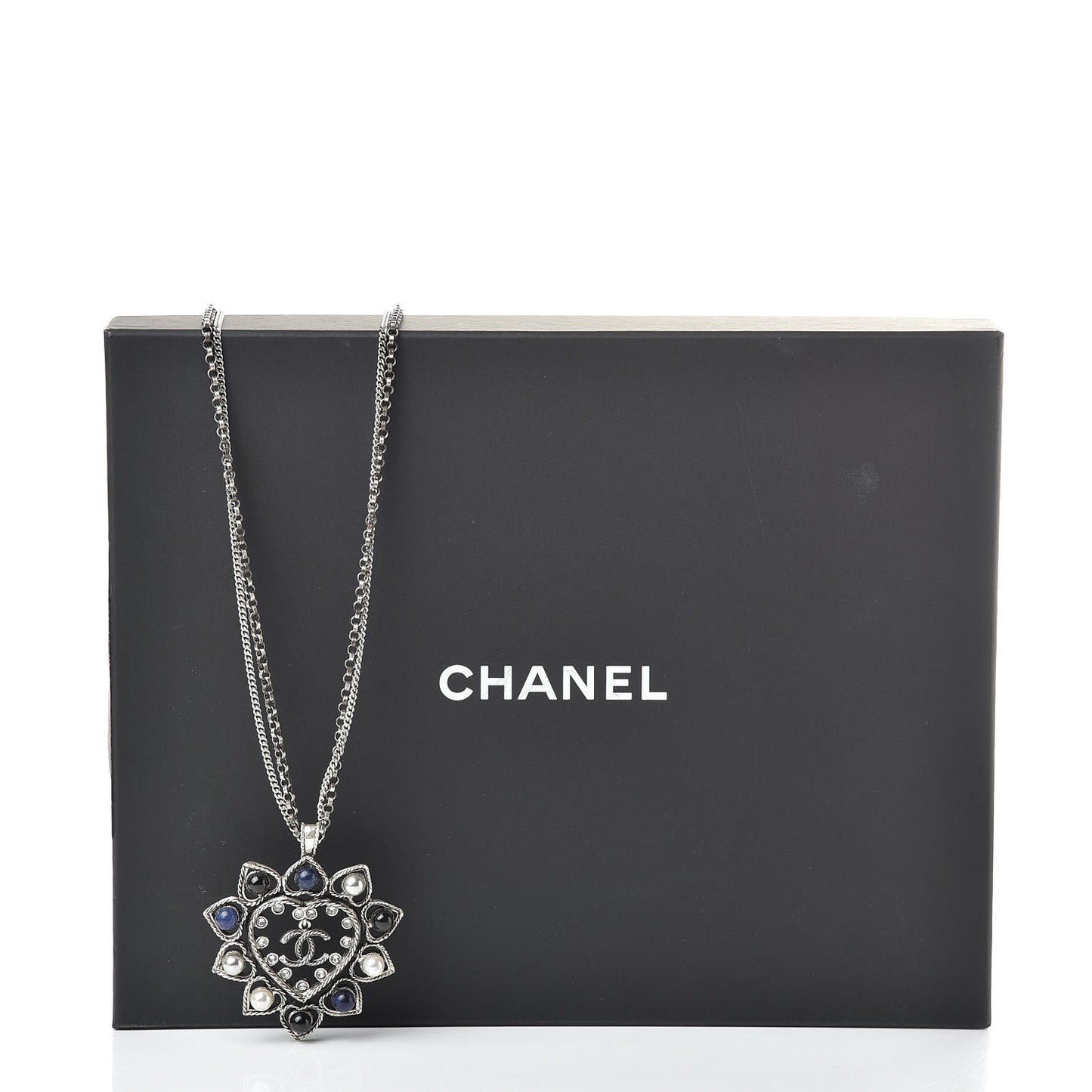 Crystal Pearl Bead CC Heart Pendant Chain Necklace Silver