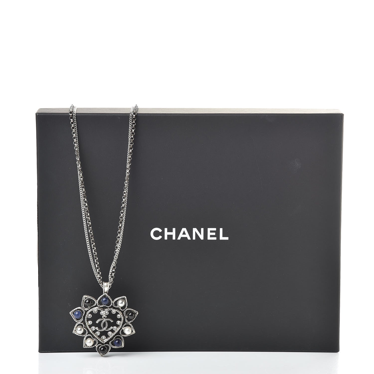 Chanel Crystal Pearl Bead CC Heart Pendant Chain Necklace Silver 6 of 6