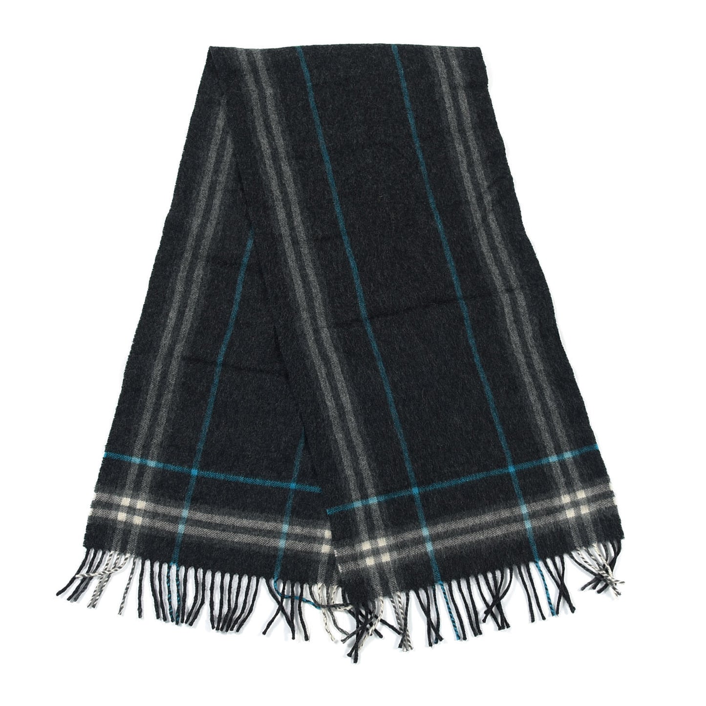 Wool Cashmere Check Striped Fringe Scarf Dark Grey