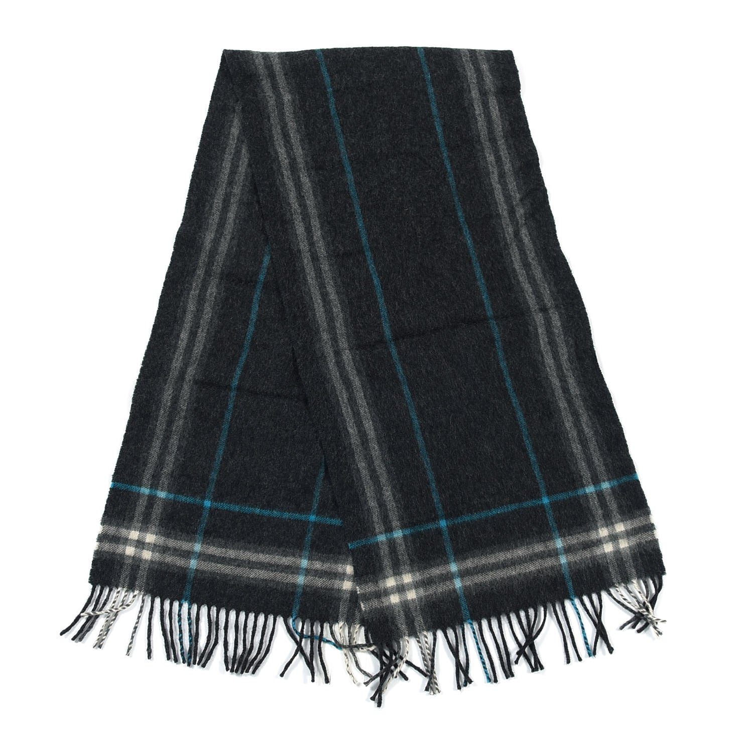 Burberry Wool Cashmere Check Striped Fringe Scarf Dark Grey 2 of 5