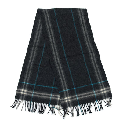 Burberry Wool Cashmere Check Striped Fringe Scarf Dark Grey 2 of 5