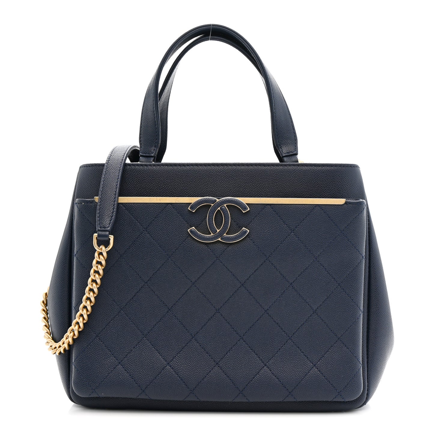 Grained Calfskin Stitched Small Lady Coco Top Handle Tote Navy