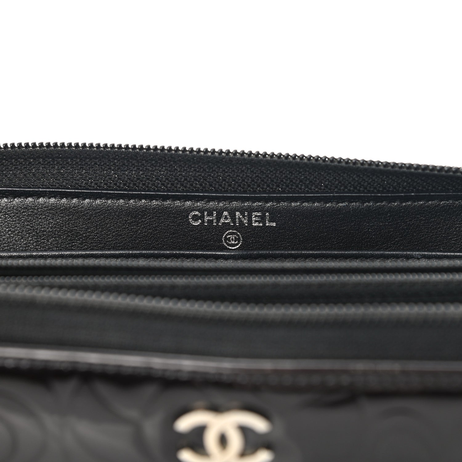 Chanel Patent Camellia Embossed Large Zip Around Gusset Wallet Black 6 of 12