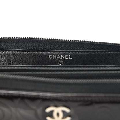 Chanel Patent Camellia Embossed Large Zip Around Gusset Wallet Black 6 of 12