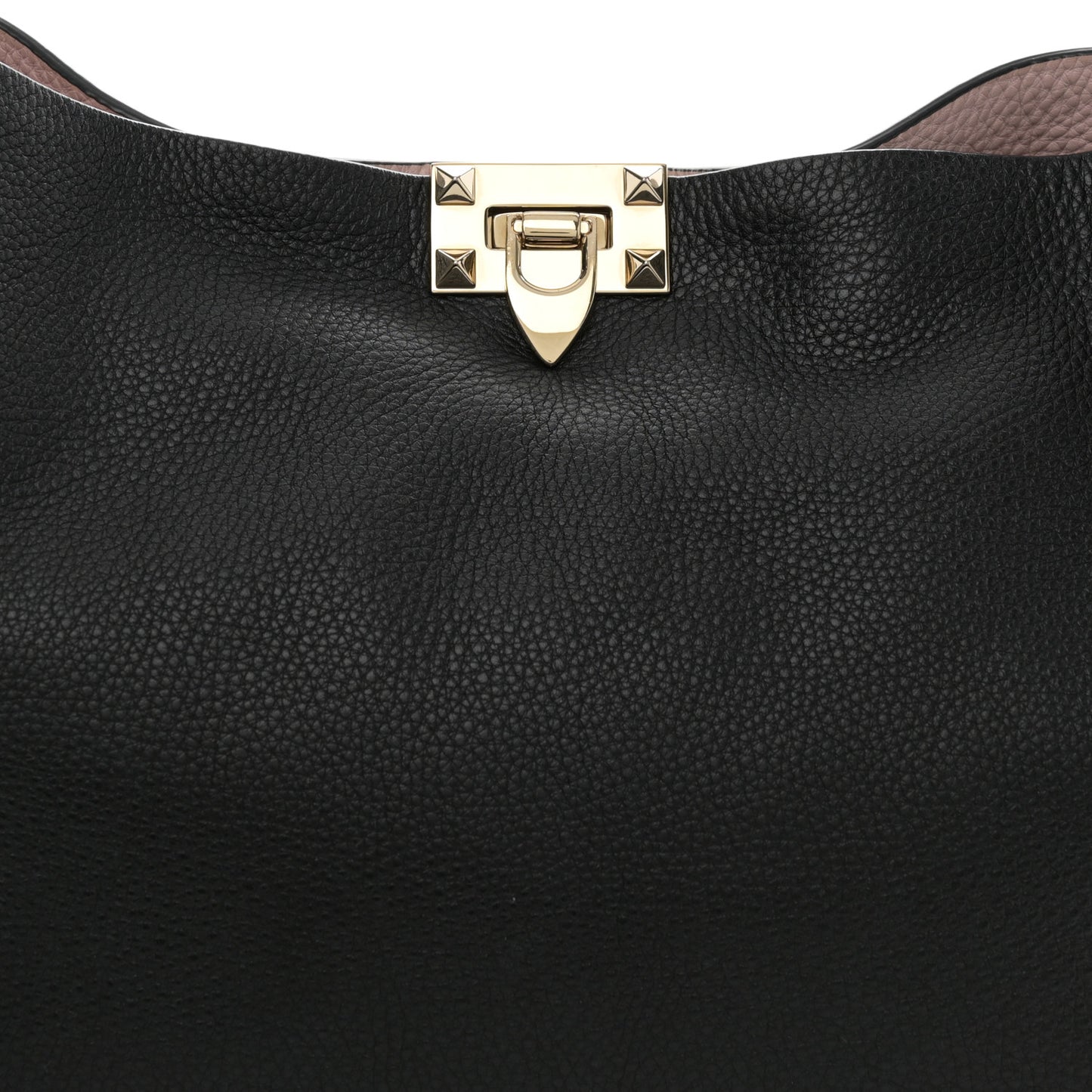 Grained Calfskin Rockstud Flip Lock Tote Black Rose Quartz