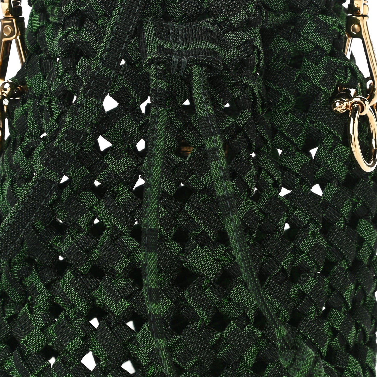 Fabric Jacquard F is Fendi FF 1974 Woven Knotted Mini Mon Tresor Bucket Bag Verde Black