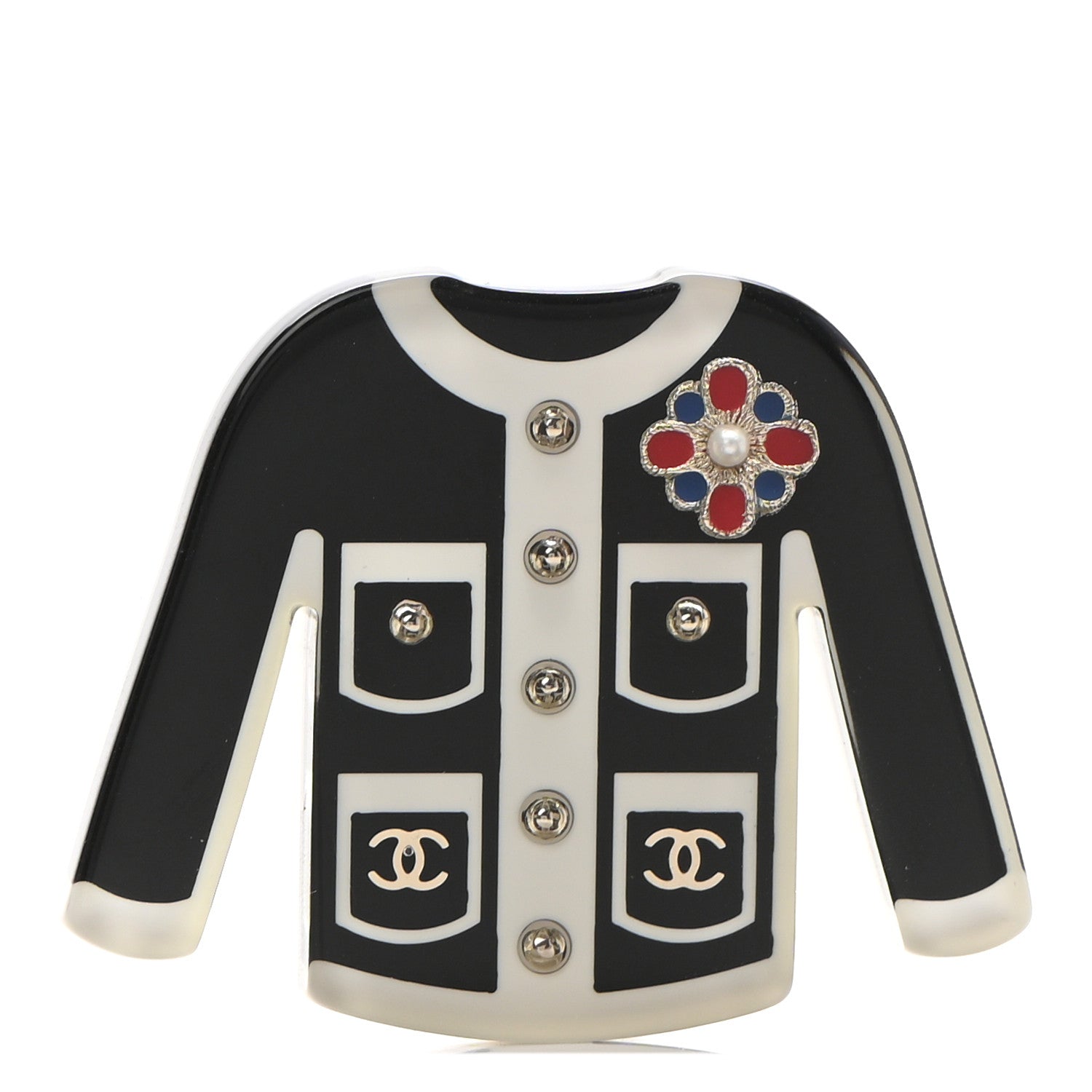 Chanel Resin Pearl Tweed Cardigan CC Brooch Black White 1 of 4