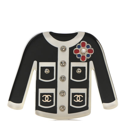 Chanel Resin Pearl Tweed Cardigan CC Brooch Black White 1 of 4