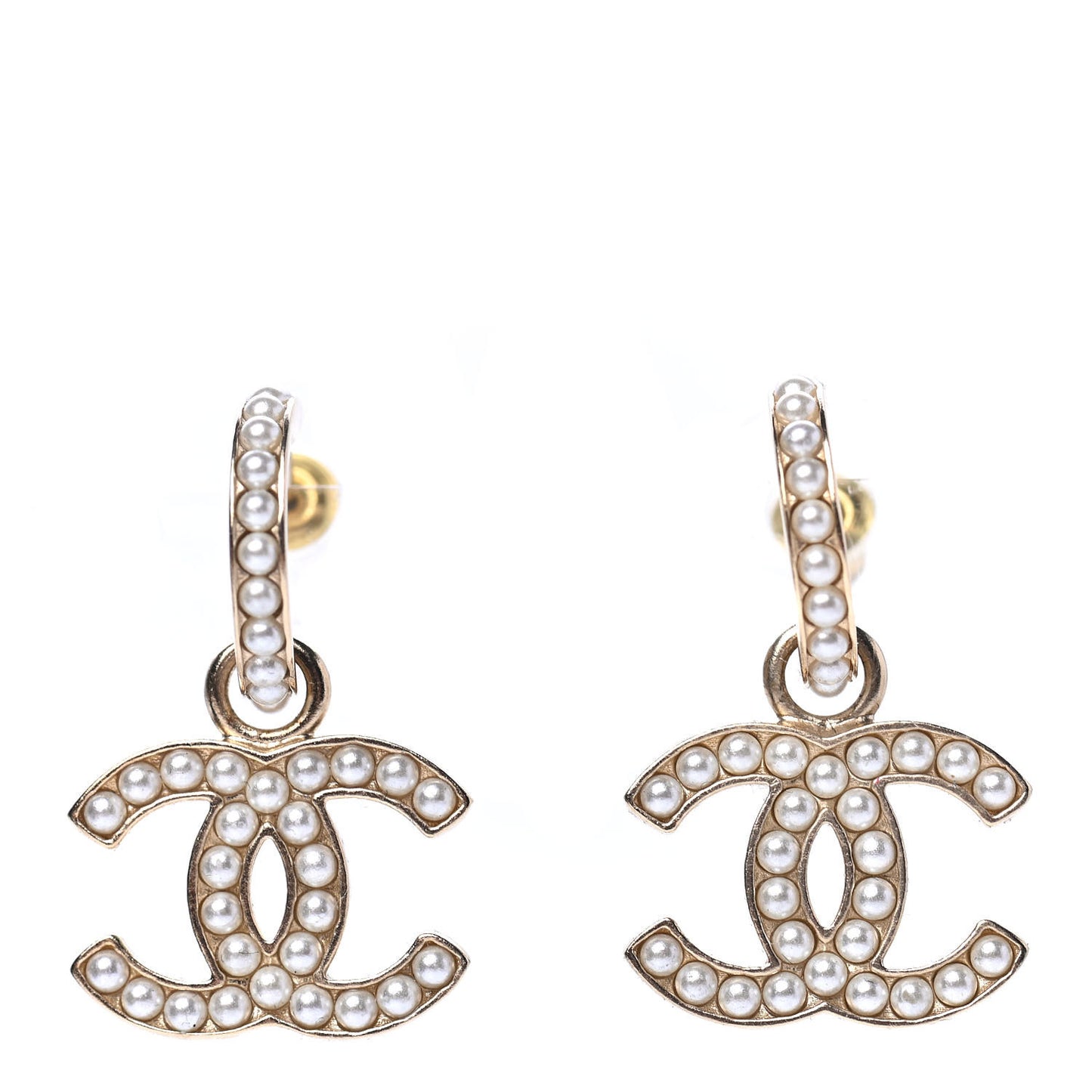Pearl CC Hoop Drop Earring Gold