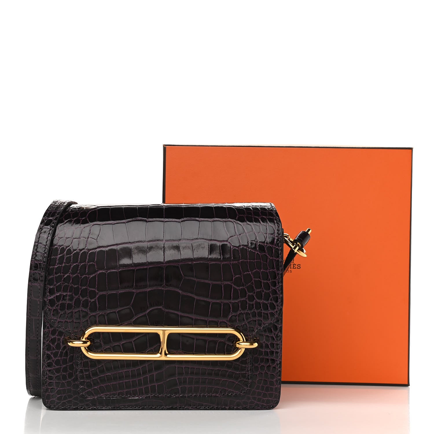 Hermes Shiny Alligator Mini Sac Roulis Prunoir 10 of 10