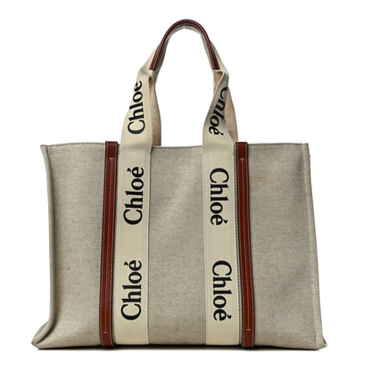 Chloe Cotton Calfskin Large Woody Ribbon Tote White Brown 1 of 10